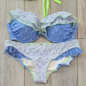 Victoria's Secret Blue and White Ruffle Bikini with Lime Accents